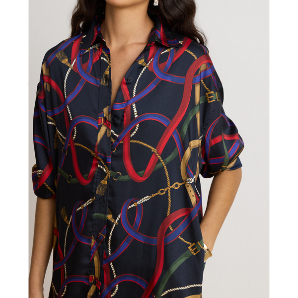 Belting-Print Twill Midi Shirtdress