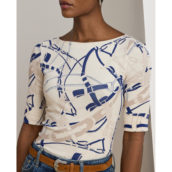Belting-Print Cotton Boatneck Tee