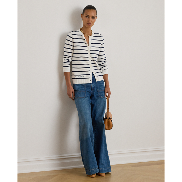 White/Refined Navy Striped Cotton Cardigan Lauren Petite 4