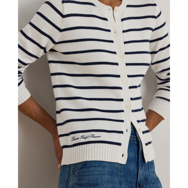 White/Refined Navy Striped Cotton Cardigan Lauren Petite 6
