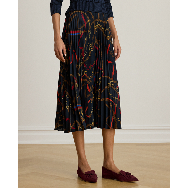Belting-Print Pleated Georgette Skirt