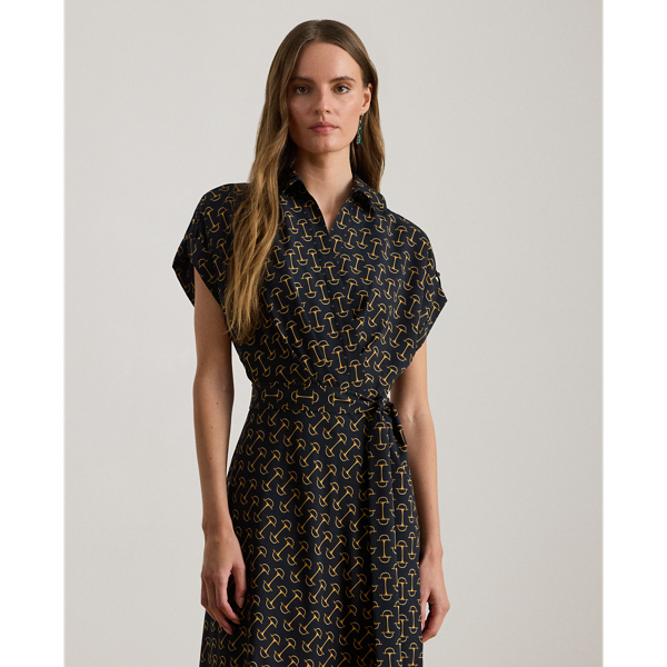 Geo-Print Belted Crepe Dress