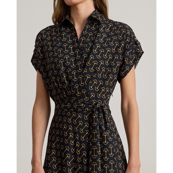 Geo-Print Belted Crepe Dress