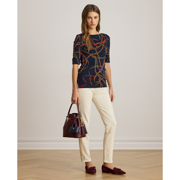 Belting-Print Cotton Boatneck Tee