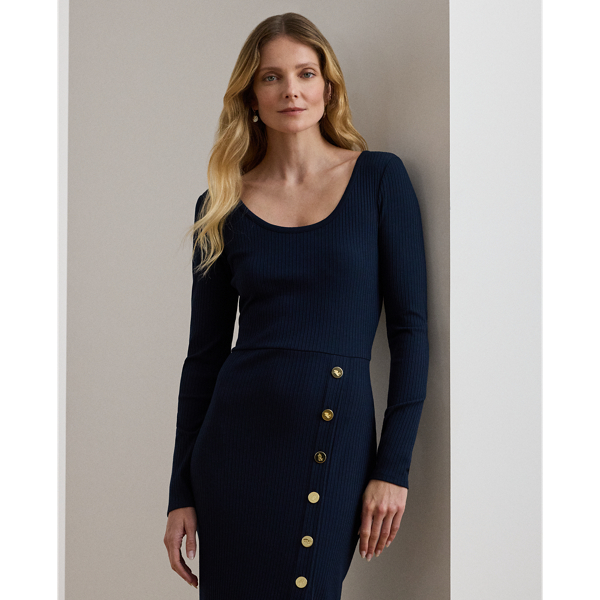 Button-Trim Rib-Knit Dress