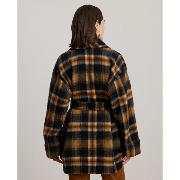 Plaid Wool-Blend Shawl-Collar Wrap Coat