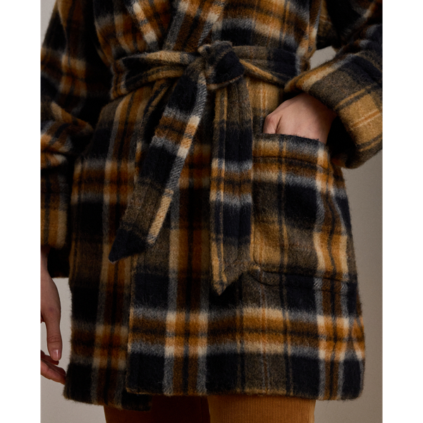 Plaid Wool-Blend Shawl-Collar Wrap Coat