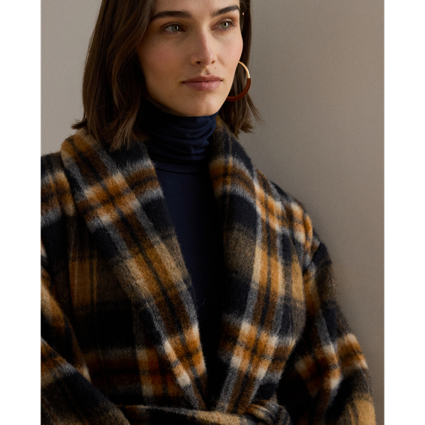 Plaid Wool-Blend Shawl-Collar Wrap Coat