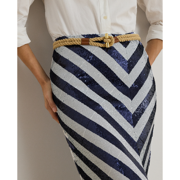 Striped Sequined Pencil Midi Skirt