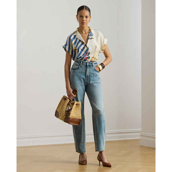 Cream Multi Striped Sailboat-Print Crepe Camp Shirt Lauren Petite 4