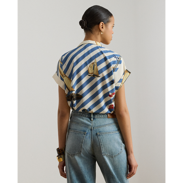 Cream Multi Striped Sailboat-Print Crepe Camp Shirt Lauren Petite 5