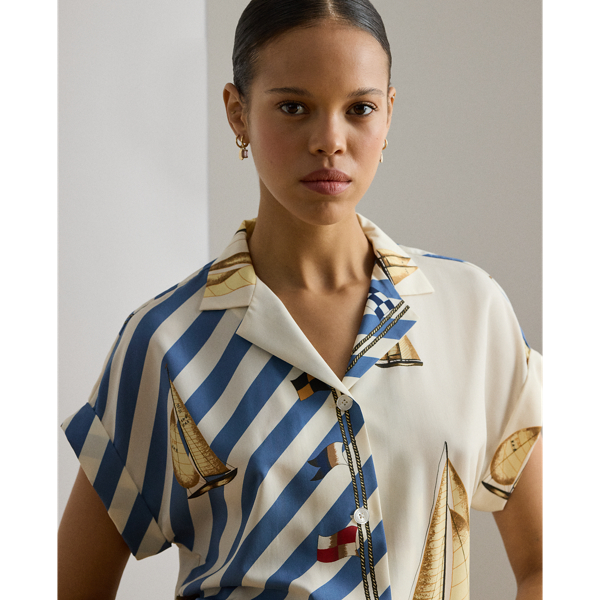 Cream Multi Striped Sailboat-Print Crepe Camp Shirt Lauren Petite 6
