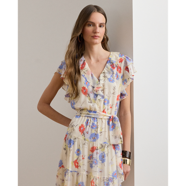 Cream Multi Floral Belted Georgette Tiered Dress Lauren Petite 4