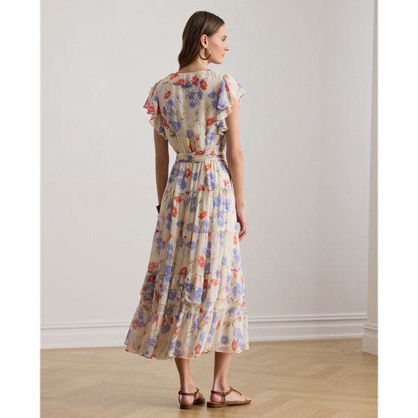 Cream Multi Floral Belted Georgette Tiered Dress Lauren Petite 5