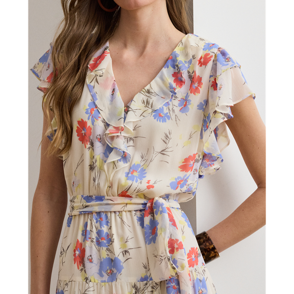 Cream Multi Floral Belted Georgette Tiered Dress Lauren Petite 6