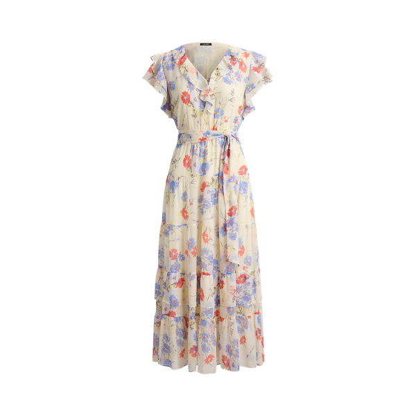 Cream Multi Floral Belted Georgette Tiered Dress Lauren Petite 2