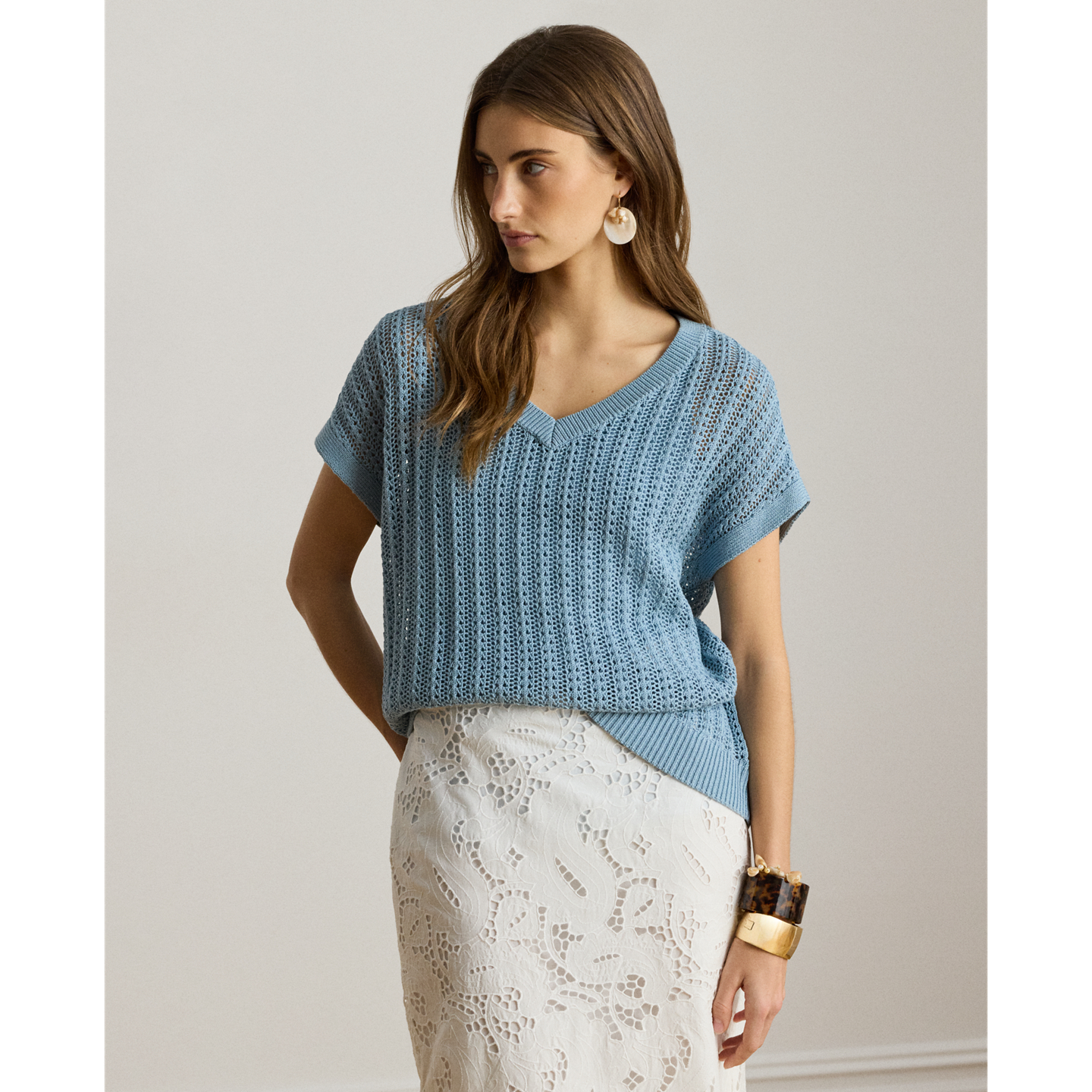 Женский свитер Ralph Lauren Cotton-Blend Mesh Short-Sleeve, цвет: Синий — фото 4