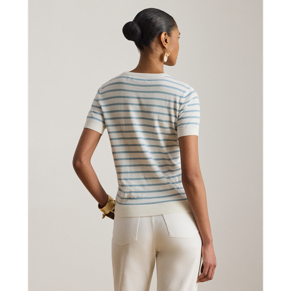 Gestreifter Baumwoll-Kurzarmpullover Lauren Petite in Wei&szlig;/Blaue Note 5
