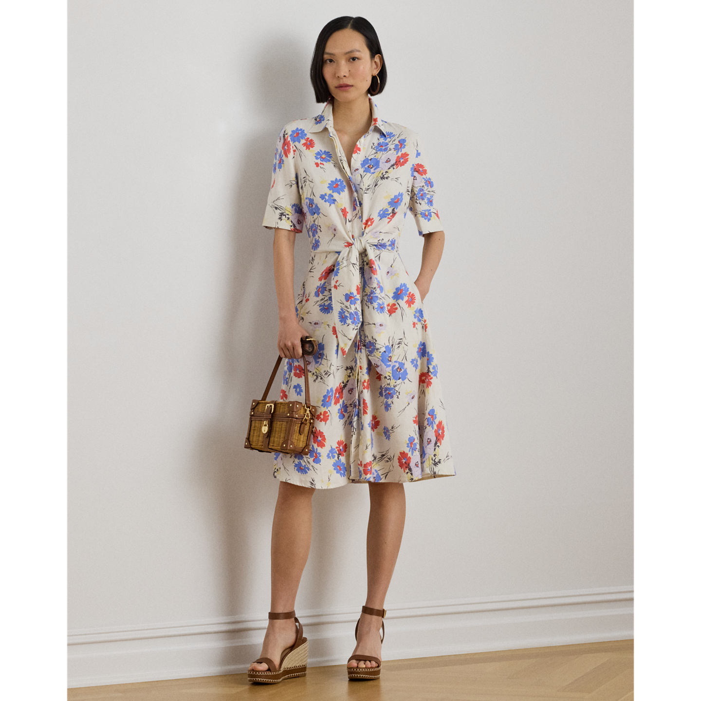 Женское платье Ralph Lauren Floral Tie-Front Linen Shirtdress, цвет: Кремовый разноцветный — фото 4
