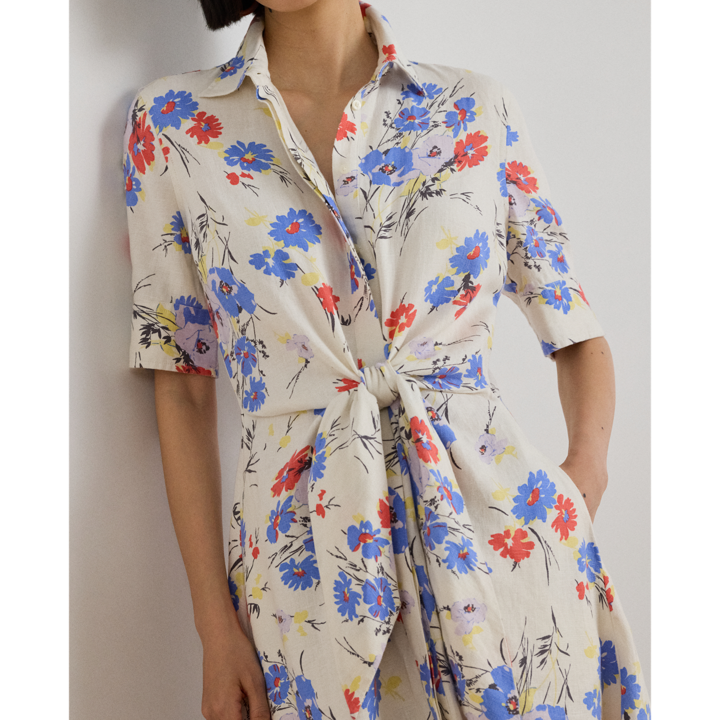 Женское платье Ralph Lauren Floral Tie-Front Linen Shirtdress, цвет: Кремовый разноцветный — фото 3