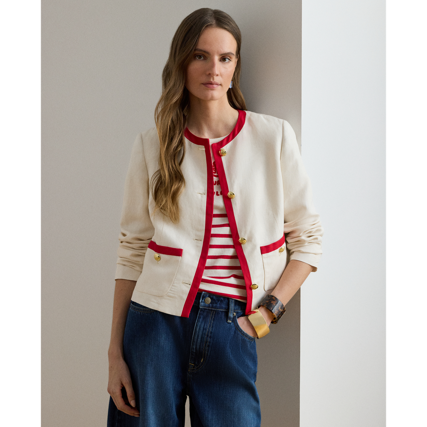 Женский пиджак Ralph Lauren Two-Tone Linen-Blend Twill, цвет: Кремовый / Красный — фото 4
