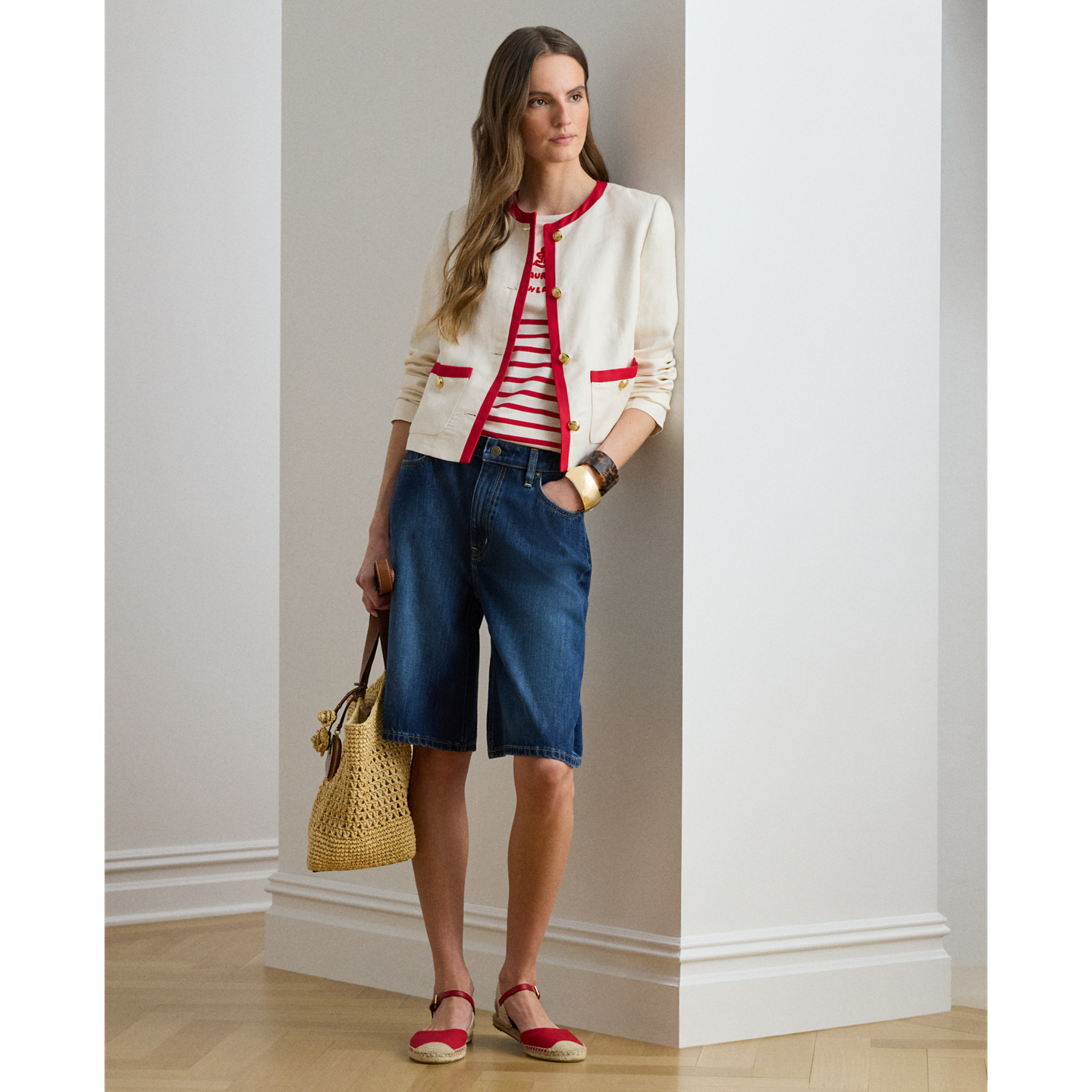 Женский пиджак Ralph Lauren Two-Tone Linen-Blend Twill, цвет: Кремовый / Красный — фото 1
