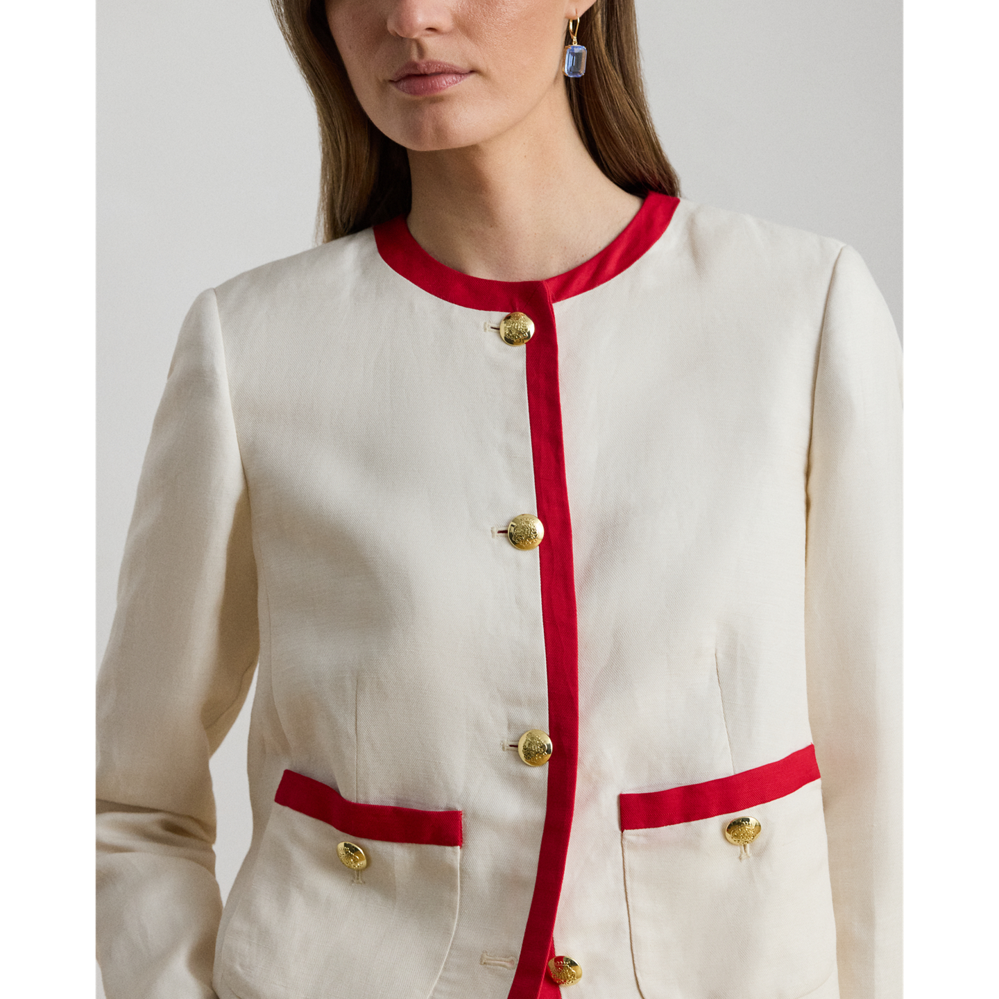 Женский пиджак Ralph Lauren Two-Tone Linen-Blend Twill, цвет: Кремовый / Красный — фото 3
