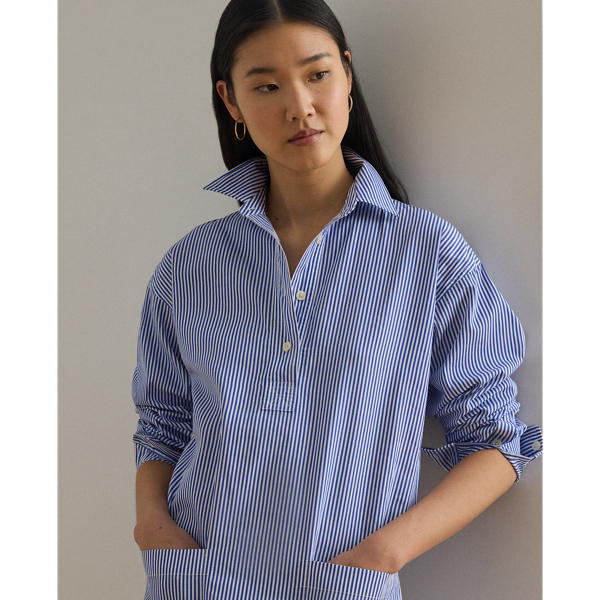 Blue/White Striped Cotton Broadcloth Shirtdress Lauren Petite 6