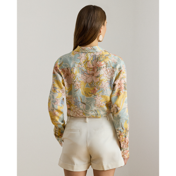 Cream/Blue Multi Relaxed Fit Floral Linen Shirt Lauren Petite 5