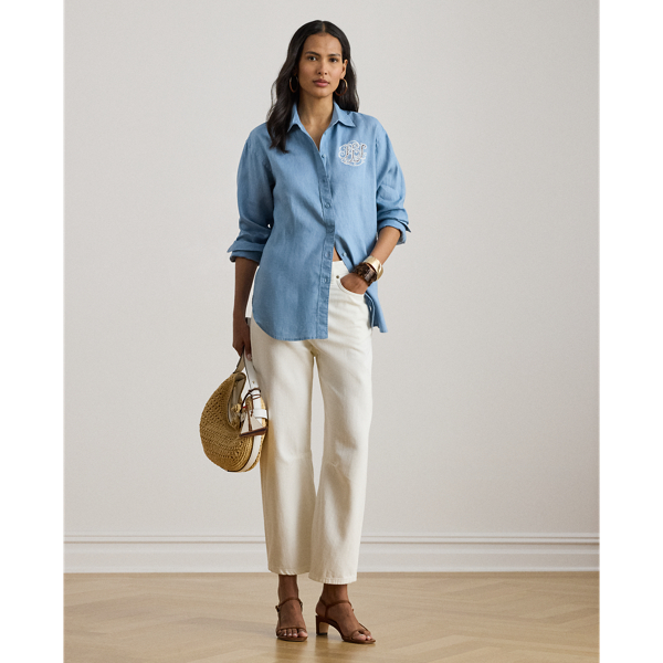 Blue Note Relaxed Fit Eyelet-Logo Linen Shirt Lauren Petite 4