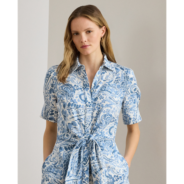 White/Blue Paisley Tie-Front Linen Shirtdress Lauren Petite 4