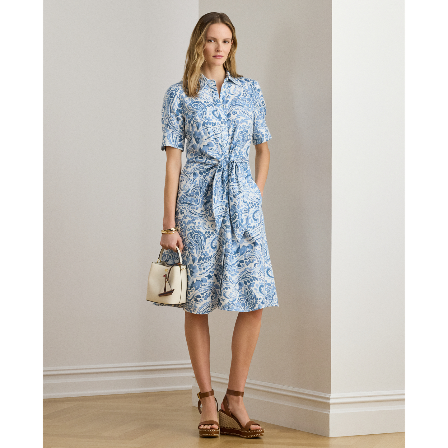 Женское платье Ralph Lauren Paisley Tie-Front Linen Shirtdress, цвет: Белый / Синий — фото 4