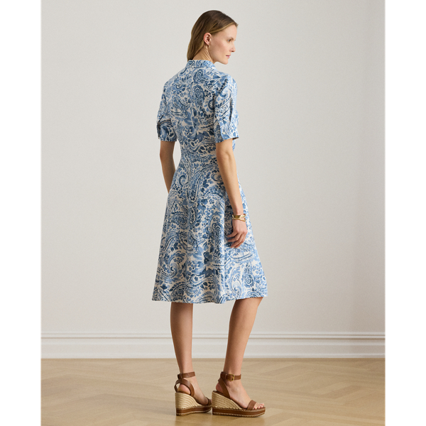 White/Blue Paisley Tie-Front Linen Shirtdress Lauren Petite 5