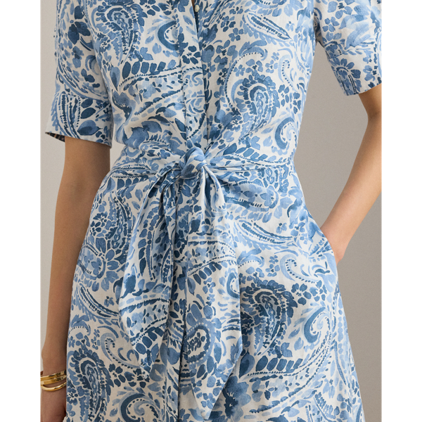 White/Blue Paisley Tie-Front Linen Shirtdress Lauren Petite 6