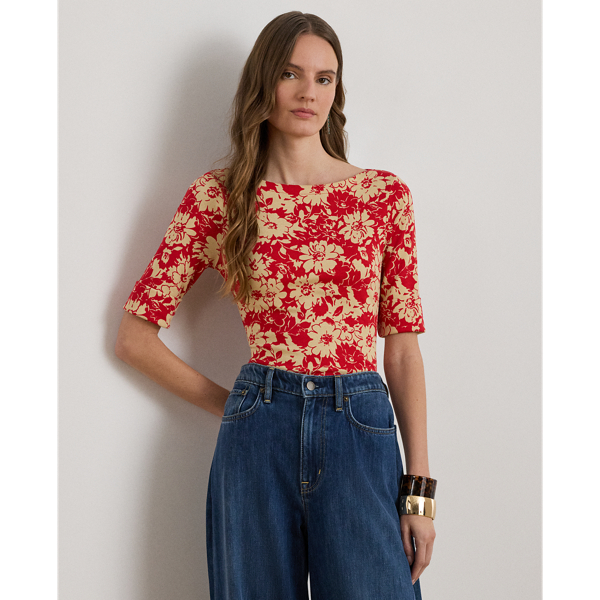 Geblümtes T-Shirt mit U-Boot-Ausschnitt