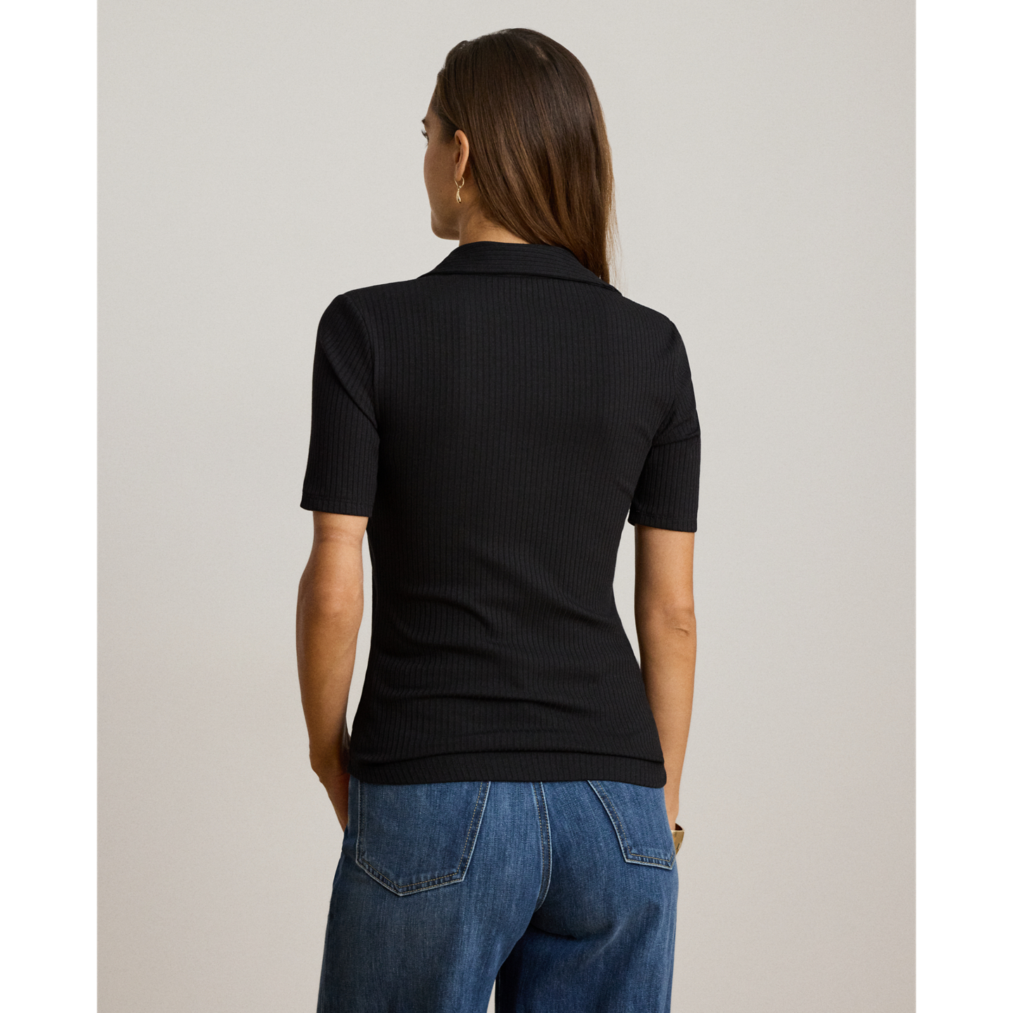 Футболка Ralph Lauren Rib-Knit Elbow-Sleeve Polo Tee, цвет: Чёрный — фото 2
