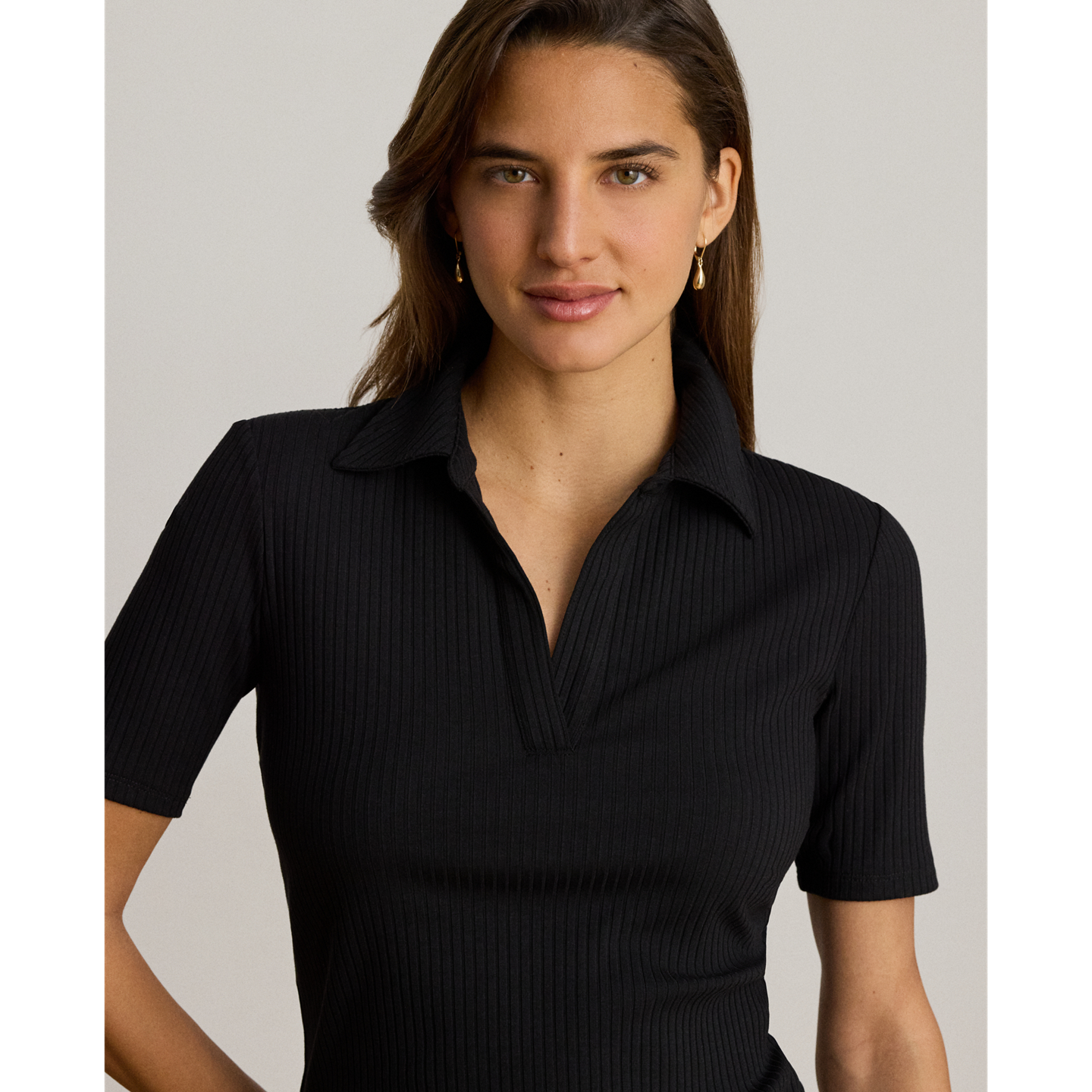 Футболка Ralph Lauren Rib-Knit Elbow-Sleeve Polo Tee, цвет: Чёрный — фото 3