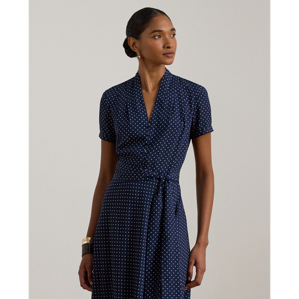 Navy/White Polka-Dot Belted Crepe Dress Lauren Petite 4