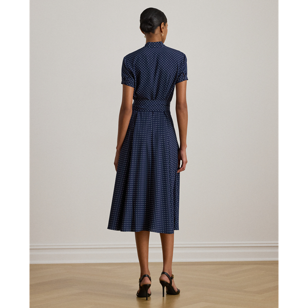 Navy/White Polka-Dot Belted Crepe Dress Lauren Petite 5