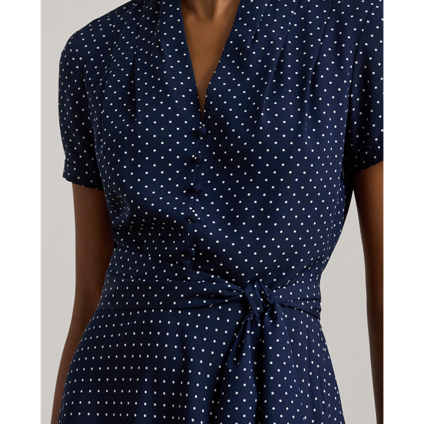 Navy/White Polka-Dot Belted Crepe Dress Lauren Petite 6