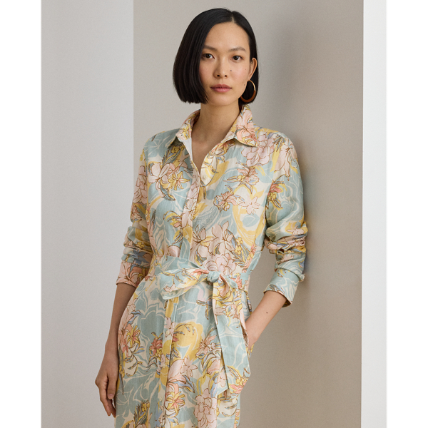 Cream/Blue Multi Floral Linen Shirtdress Lauren Petite 4