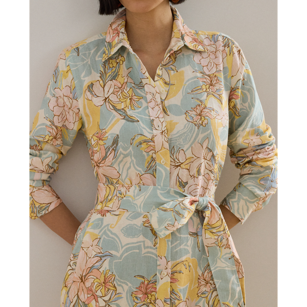 Cream/Blue Multi Floral Linen Shirtdress Lauren Petite 6