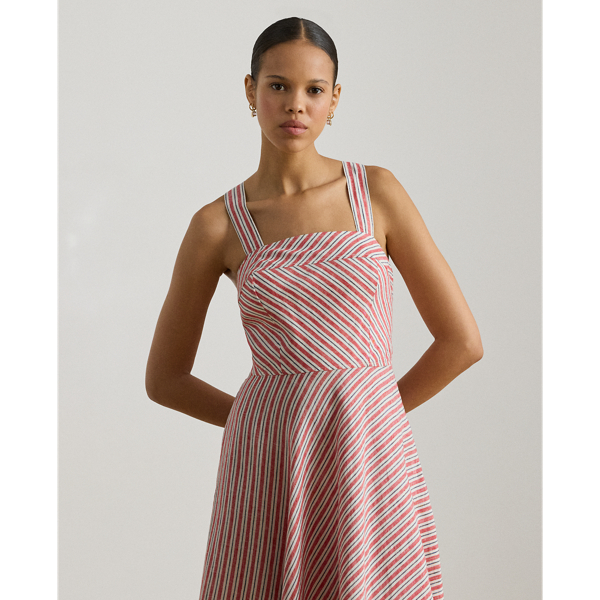Red/Cream/Navy Striped Linen Sleeveless Dress Lauren Petite 4