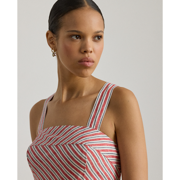 Red/Cream/Navy Striped Linen Sleeveless Dress Lauren Petite 6