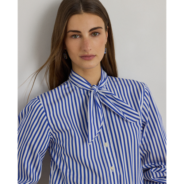 Blue/White Striped Cotton Broadcloth Tie-Neck Shirt Lauren Petite 6