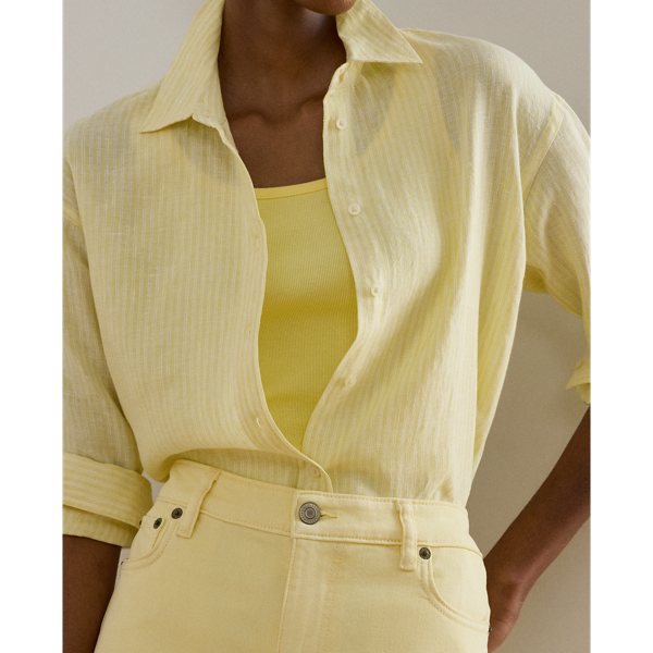 Yellow/White Relaxed Fit Striped Linen Shirt Lauren Petite 6