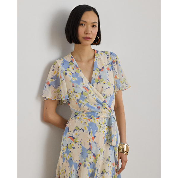 Blue Multi Floral Crinkle Georgette Surplice Dress Lauren Petite 4