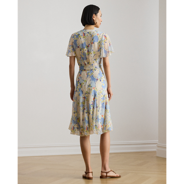 Blue Multi Floral Crinkle Georgette Surplice Dress Lauren Petite 5