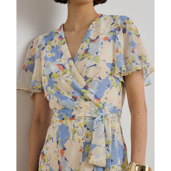 Blue Multi Floral Crinkle Georgette Surplice Dress Lauren Petite 6