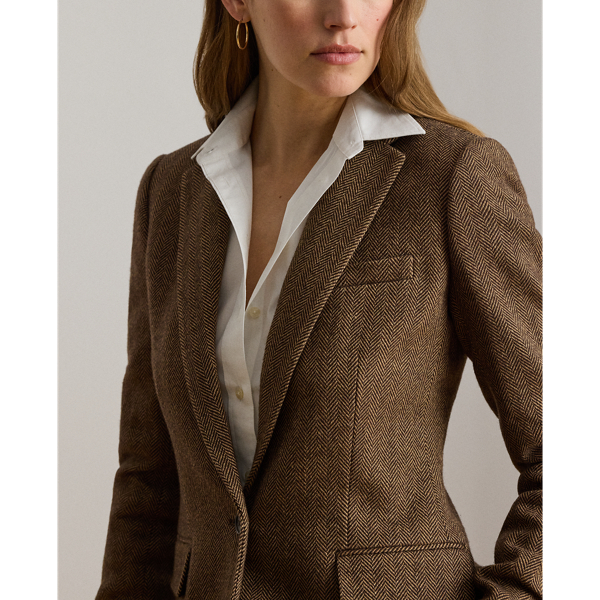 Brown/Tan Multi Cotton-Blend Herringbone Blazer Lauren Petite 7